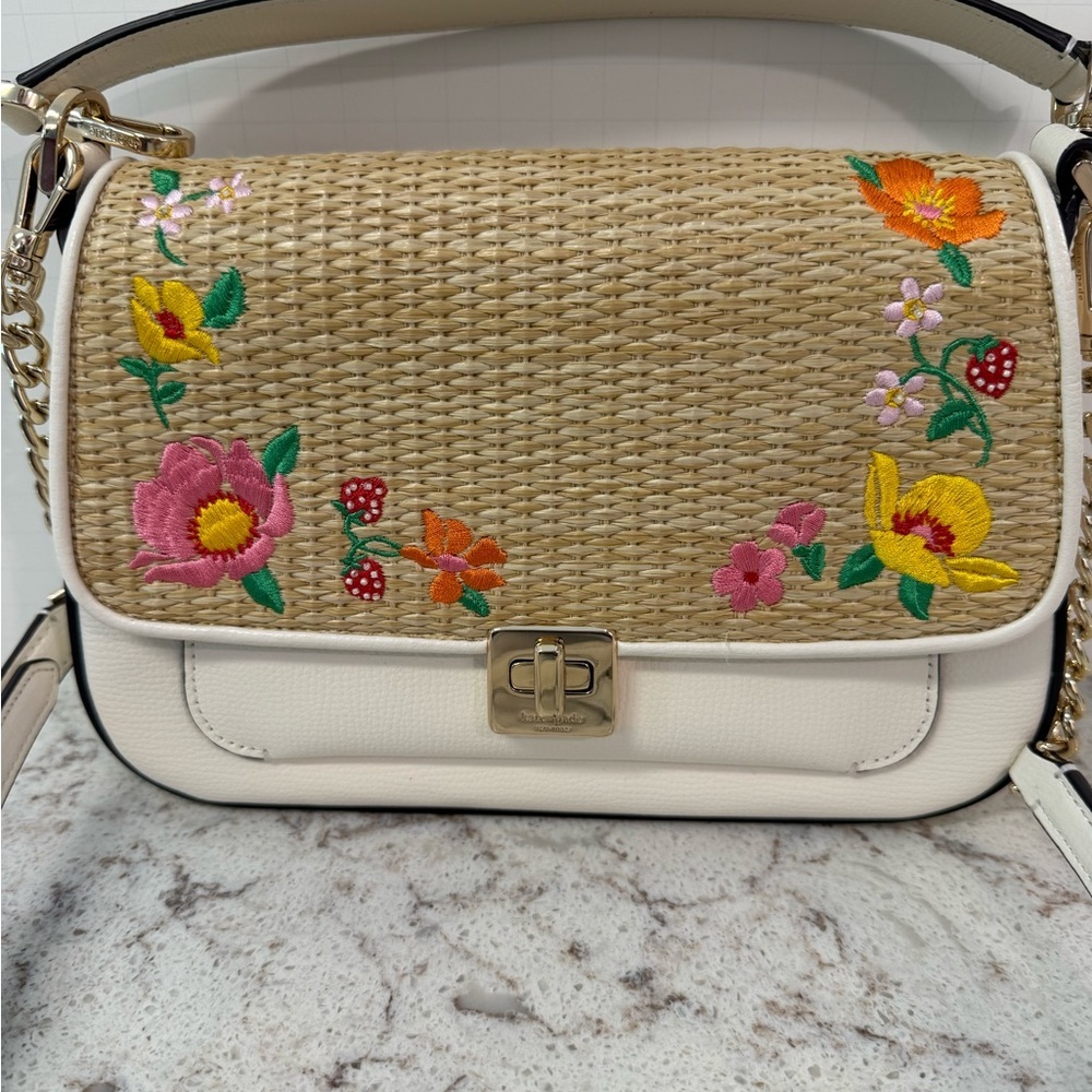 kate spade White Straw Crossbody Bag with Floral Embroidery